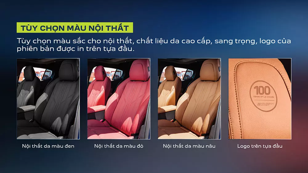 Tùy chọn phối màu nội thất da kết hợp logo được dập nổi trên tựa đầu ghế của Peugeot 408 Sport Edition